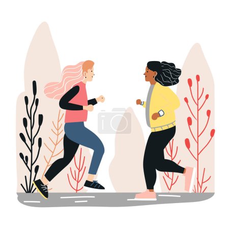 Zwei Frauen joggen draußen, eine blasse Haut, rosa Hemd, dunkle Haut, gelber Pullover. Beide tragen Turnschuhe, engagiertes Training, vielfältige ethnische Freundschaft. Hintergrund sind Bäume, abstrakte Formen, flache