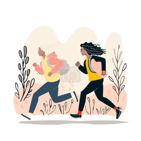 Zwei unterschiedliche Frauen joggen inmitten stilisierter Pflanzenelemente zusammen. Eine Frau trägt rosa Kapuzenpulli, gelbes Hemd, Ohrhörer, während sie schwarze Haare und gelbes Tank-Top hat. Beide stehen für gesunden Lebensstil, Fitness