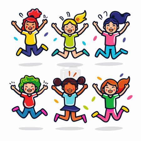 Illustration for Six joyful cartoon kids jumping excitement. Happy diverse children celebrating, showing joy happiness, colorful outfits. Cheerful animated characters expressing delight, playful mood, fun activities - Royalty Free Image