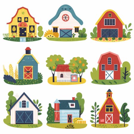 Illustration for Collection colorful barns farmhouses surrounded greenery. Different styles rural architecture vibrant roofs details. Vector illustrations agricultural buildings rural landscape - Royalty Free Image