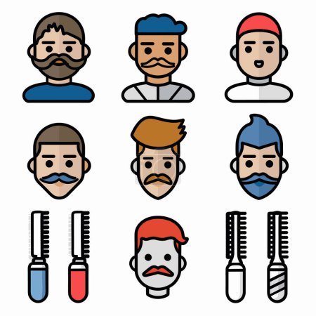 Six cartoon male faces showing different beard styles haircuts. Two barber tools beneath, depicting razors clippers. Graphics suitable barber shop promotion hairstyle guide
