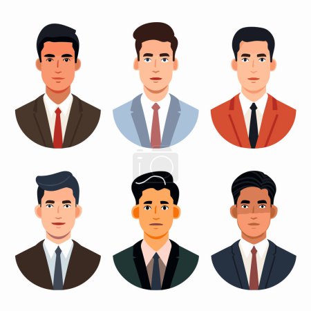 Professional men wearing business attire featured six portrait illustrations, male figure presented against isolated white background, sporting suit tie variety colors. Facial expressions neutral
