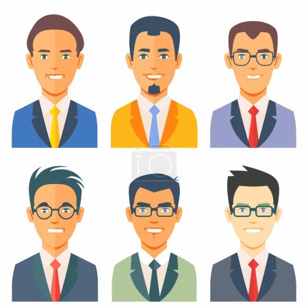 Flat design vector illustrations six business men diverse ethnicities professional attire, male character displays unique features, hairstyles, eyewear, representing team staff