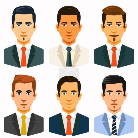 Six diverse male avatars business attire. Professionals, variety hairstyles, different ethnicities. Corporate environment, formal wear