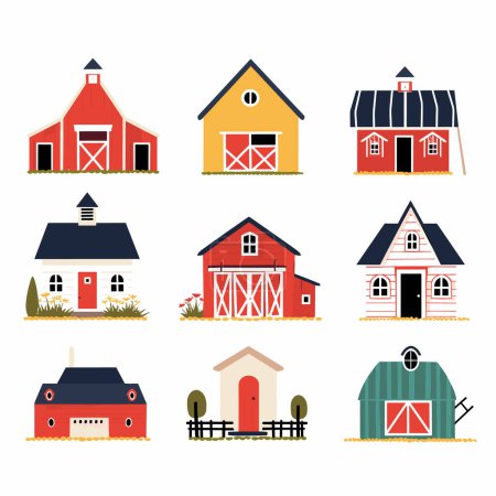 Illustration for Collection colorful barns farmhouses, modern flat vector design. Nine various types agricultural buildings, rural architecture. Bright red, yellow, green barns details windows, doors, roofs isolated - Royalty Free Image