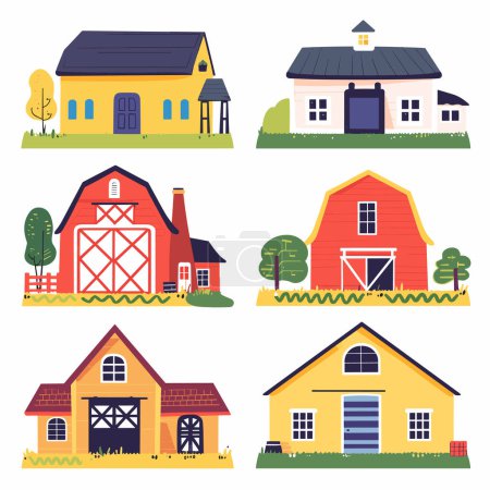 Collection colorful countryside buildings featuring barns houses. Rural architecture set displaying farm structures amidst greenery. Cartoon style homes barns designed vibrant tones