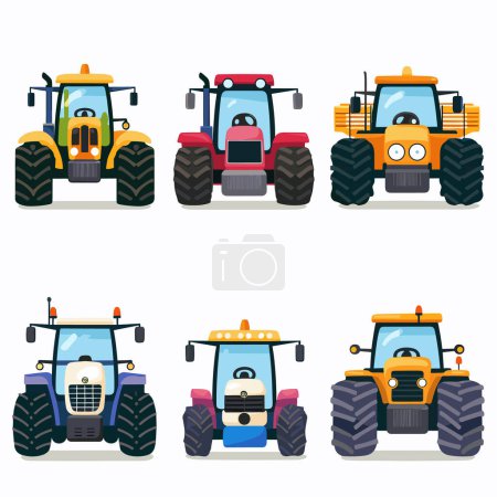 Sechs bunte Cartoon-Traktoren blicken nach vorne, jeder mit einzigartigen Gestaltungselementen. Landmaschinensammlung für die Landwirtschaft mit großen Reifen und Kabinen. Lebhaftes flaches Design landwirtschaftlicher Fahrzeuge