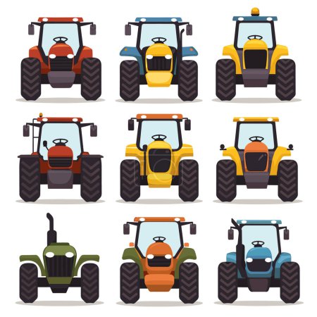 Téléchargez les illustrations : Set tracteurs agricoles colorés divers modèles, véhicules de style dessin animé agriculture, collection de machines agricoles. Différents modèles de tracteurs, conception plate simple, vue de face, vecteur isolé - en licence libre de droit