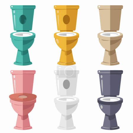 Colorful ceramic toilets set isolated white background. Toilets home improvement sanitary ceramics cartoon style. Different shades bathroom fixtures, clean toilet array graphic design
