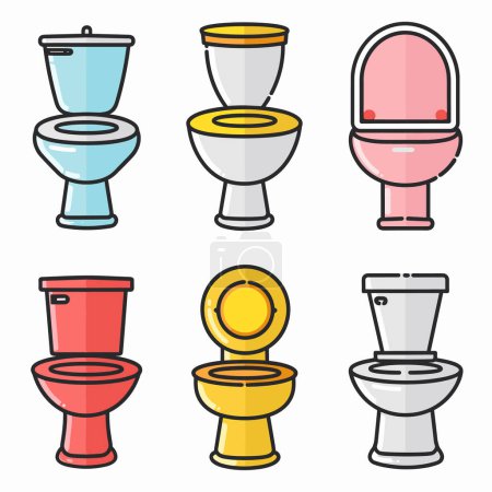 Collection toilettes colorées de style dessin animé, différentes conceptions de couleurs, accessoires de salle de bains. Set six illustrations de toilettes stylisées, art de la ligne nette, thèmes de plomberie à la maison. Isolé fond blanc mettant en valeur