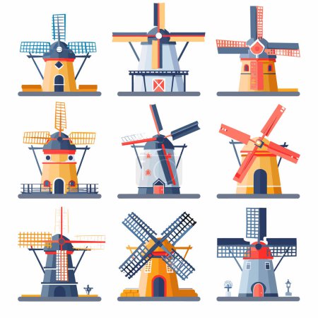 Iconos de diseño plano varios molinos de viento de colores, típicamente encontrados Países Bajos. Conjunto de molinos de viento europeos tradicionales, diferentes diseños de colores, fondo blanco aislado
