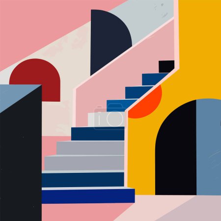 Abstrakte geometrische Treppe architektonische Komposition, lebendige Blöcke Farbe, modernes minimalistisches Design. Pastellrosa, blaue Stufen im Kontrast zu dunklen Torbögen, zeitgenössische Kunstwerke. Kühne Formen bilden sich