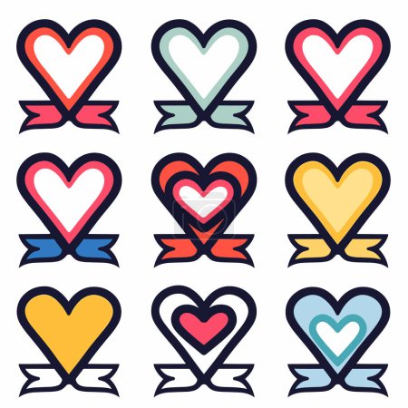 Nine colorful hearts, paired ribbon, lineart style white background. Hearts feature different colors shades, inner heart design. Vector graphic suitable lovethemed designs decorations