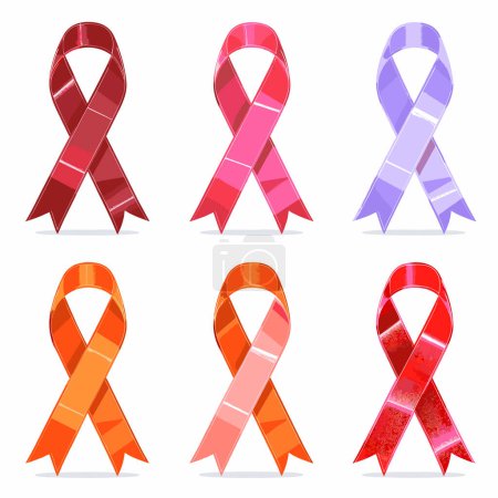 Set six awareness ribbons different colors isolated white background. Ribbons represent support various causes symbolically. Awareness, campaign, support concept graphic elements
