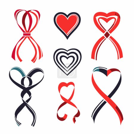 Collection stylized hearts awareness ribbons red black. Graphic design elements health campaigns love concepts. Isolated white background, flat vector icons depicting hearts ribbons