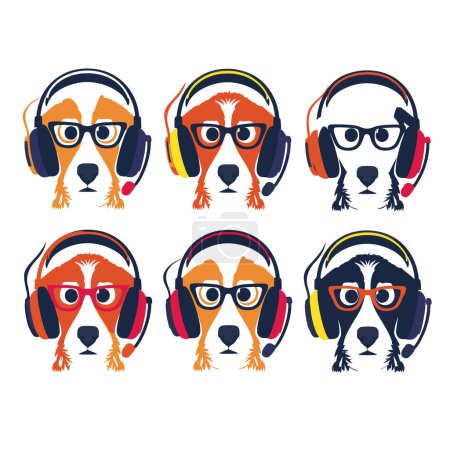 Illustration for Six stylized dog faces wearing headphones glasses, expressing different character colorful accessories. Cartoon dogs capturing modern, youthful, playful vibe, ideal musicrelated themes. Cool canines - Royalty Free Image