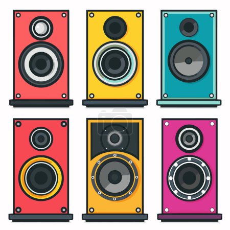 Six colorful speakers represent different models designs, featuring variety colors sound equipment. Brightly colored audio equipment offers assorted music enthusiasts seeking visual variety