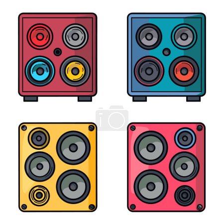 Vier bunte Lautsprecherschränke Cartoon-Stil, Lautsprecherschrank hat verschiedene Farbgebung mehrere Kegel. Cartoon-Lautsprecher setzen isolierten weißen Hintergrund