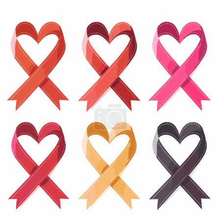 Set six heartshaped ribbons various colors representing awareness. Dotted textures shadows add depth design isolated white background. Ribbons used symbols support solidarity different causes