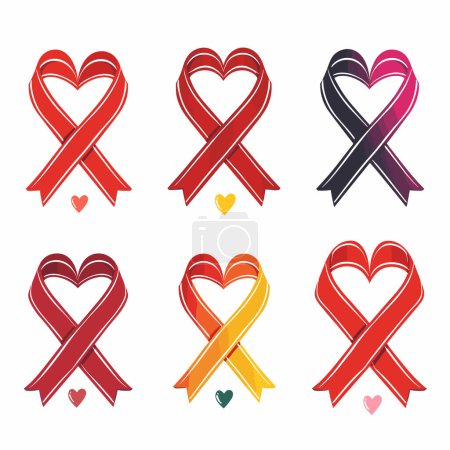 Sechs Schleifenherzen, die verschiedene Anlässe symbolisieren, gepaart mit einem kleinen Herzsymbol. Farbige Bänder, die Herzen formen, formen Bewusstsein, Liebe, Unterstützung. Bewusstseinsbänder rot, gelb, bordeaux deuten Steigungen an