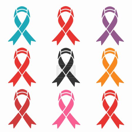 Nine different colored awareness ribbons representing diverse causes isolated white. Various hues symbolize support specific health issues advocacy. Solidarity ribbons used social cause campaigns