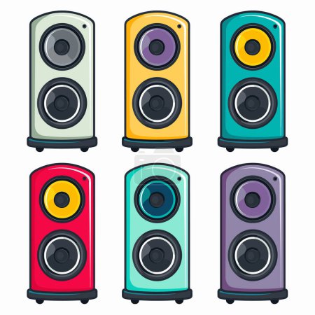 Sechs bunte Stehlautsprecher Cartoon-Stil isoliert weißen Hintergrund. Verschiedene Lautsprecher in verschiedenen Farben wie rot, gelb, lila, teal. Home-Audio-Ausrüstung, Musikwiedergabe, stilvolles modernes Design