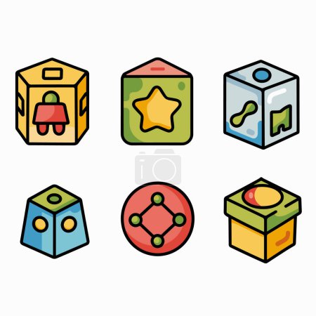 Colorful collection vector illustrations depicting various geometric shapes designed threedimensional blocks, block features different symbols bell, star, trail, dots, hexagon, sun. Bright primary
