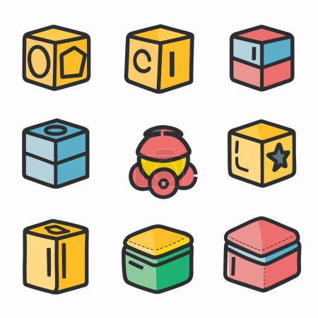 Colección colorido juguete bloques vector ilustración. Varios tamaños de formas cubos geométricos juguetes educativos representación gráfica. Diseño plano simple niños bloques de construcción colores brillantes