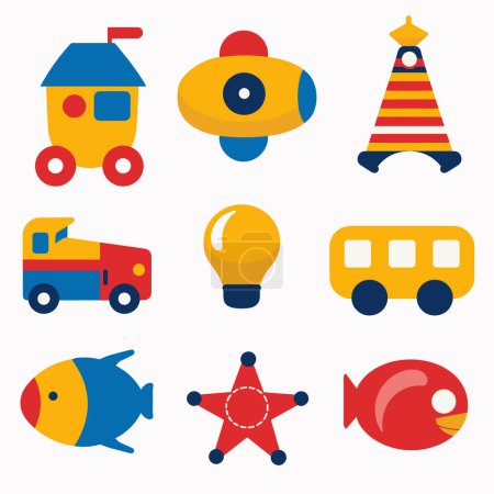 Collection colorful toy icons including house wheels, submarine, lighthouse, firetruck, light bulb, bus, fish, star, spaceship. Set flat vector illustrations suitable children themes, educational