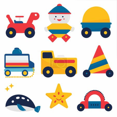 Ilustración de Colección de colores brillantes juguetes para niños con tractor de césped rojo, muñeca sonriente, construcción amarilla, camión de juguete azul remolque bloque de rayas, furgoneta de entrega amarilla, partido de rayas de colores - Imagen libre de derechos