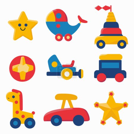 Set colorful childrens toy icons including happy star, baby stroller, stack rings, various toy vehicles. Graphics represent toys kids, playtime cartoonlike style, has smiling face, bright colors