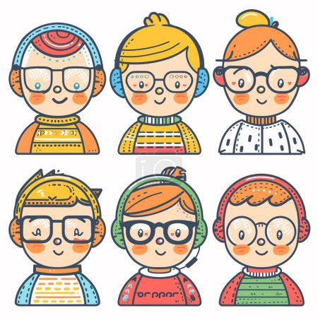 Illustration for Six diverse cartoon children wearing colorful clothing accessories, smiling faces, cute eyeglasses. Young cheerful cartoon kids different hairstyles, facial expressions, vibrant patterns. Set happy - Royalty Free Image