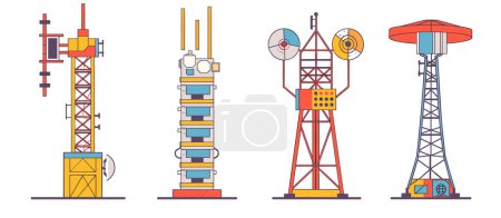 Four different types towers illustrated vibrant colors against isolated white background, tower has unique features such antennas, satellite dishes, structural elements, graphic style flat clean