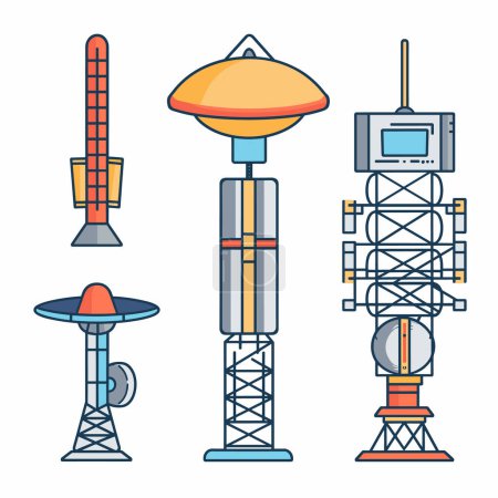 Set tours de communication utilisé la radiodiffusion, style dessin animé coloré. Différents types d'antennes structures d'émetteur télécommunications, couverture réseau. Transmission détaillée du signal des mâts radio