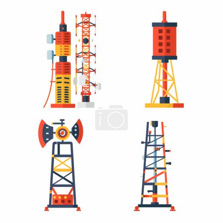 Flat design vector illustration various oil rigs derricks geared extraction, featuring bright colors geometric shapes. Industrial icons represent oil industry equipment drilling pumping. Colorful