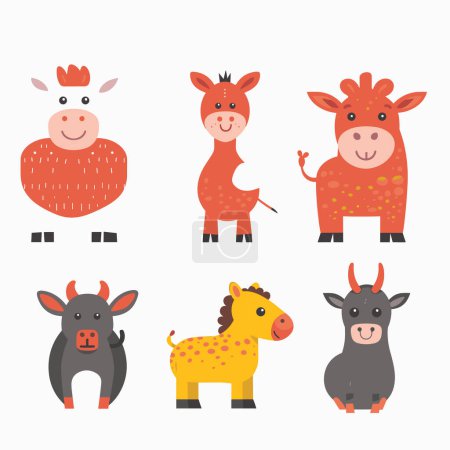 Cute cartoon animals, colorful childrens illustration isolated white background. Set six different friendly farm animals, simple flat design, vibrant colors. Animal characters include cow, giraffe