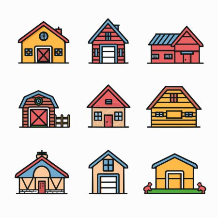 Neuf maisons de dessins animés colorés, illustration vectorielle ligne plate mis fond blanc isolé. Différents styles de maisons disposent de grange, chalet, maisons traditionnelles conçoit divers toits, fenêtres, portes