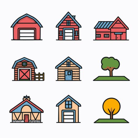 Setzen Sie Cartoon-Gebäude Bäume, bunte Vektor-Symbole. Verschiedene Haustypen, eine Garage, eine Scheunenstruktur, einfache Häuser. Kühne Umrisse, detaillierte Fassaden, isolierter weißer Hintergrund