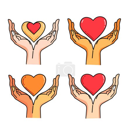 Four diverse hands holding hearts, symbolizing love, care, diversity, unity. Different skin tones represent multicultural inclusion, togetherness. Bright red hearts cradled gently caring hands