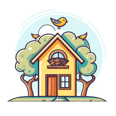 Gemütliche Cartoon-Haus eingebettet zwischen grünen Bäumen fröhliche Vögel fliegen über. Helle Farben, freundliche Atmosphäre, charmante Szene kleine Heimat Storchennest Dach. Skurrile Bäume lächelnde Vögel schaffen Gelassenheit