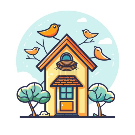 Whimsical yellow birdhouse featuring friendly birds perched, vibrant nature scene. Cartoon style home birds adorned nest, surrounded trees, blue sky backdrop. Cheerful avian residence, detailed