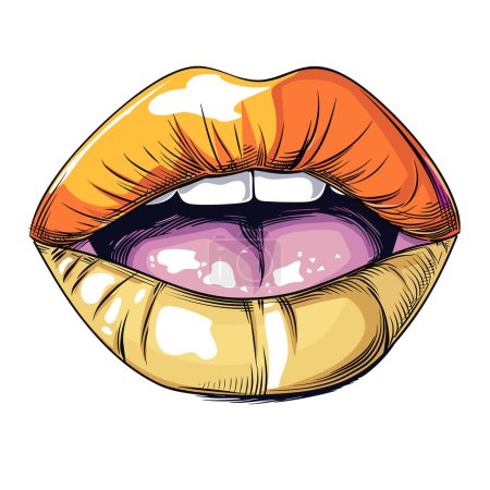 Primer plano ilustración labios llenos, brillante, boca sensual. Diseño colorido de arte labial, gradiente naranja amarillo, labio inferior brillante y mordedor. Concepto de maquillaje artístico, estilo boceto, fondo blanco aislado