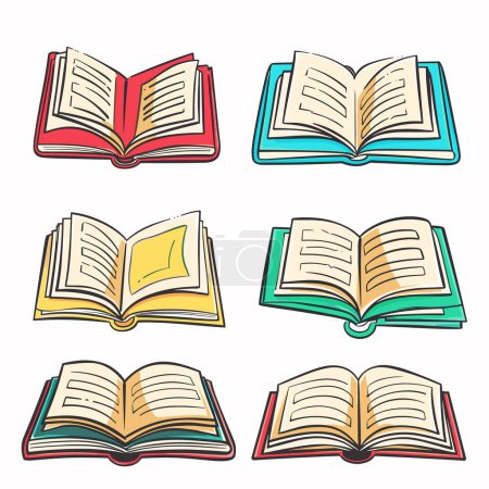 Set four colorful open books, cartoon style illustration isolated white background. Books illustrated red, blue, yellow, green covers readable pages. Hand drawn open book collection education