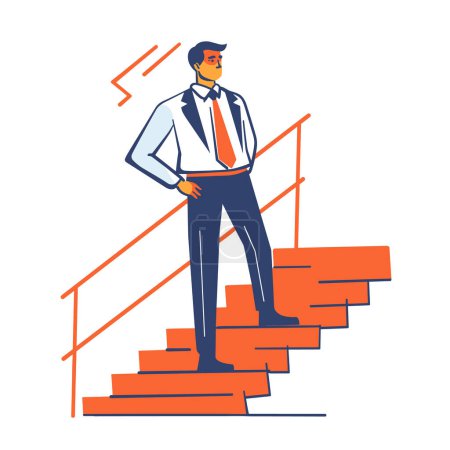 Confident businessman standing orange staircase looking forward, success concept. Professional male shirt, tie, slacks top steps, leadership symbol. Ambitious man reaches highlevel career milestone