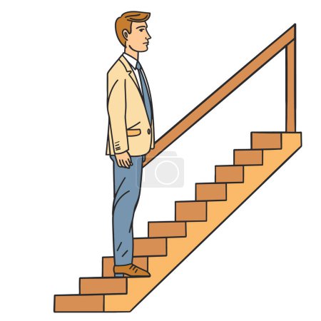 Man ascending stairs looking determined focused, dressed casual business attire. Cartoon adult male climbs steps illustrating progress, growth, success concept. Light colors dominate illustration