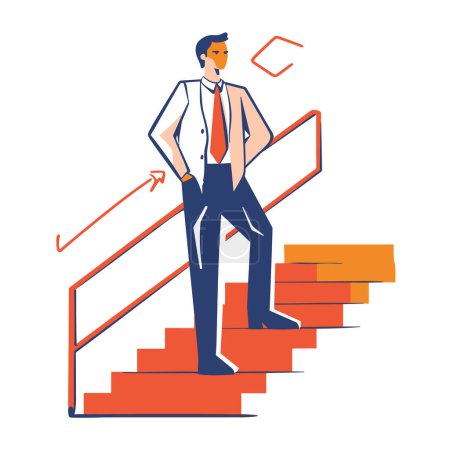 Confident businessman standing atop stairs, hands hips, looking towards growth chart arrow, success concept. Professional male character suit tie, achieving goals, corporate ladder illustration