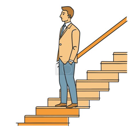 Man standing wooden staircase looking forward business attire. Professional male climb stairs focused determined future success. Confident businessman ascends steps career growth achievement