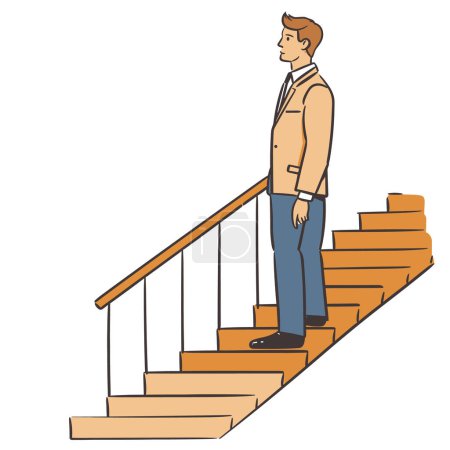 Kaukasischer erwachsener Mann, der auf halber Holztreppe steht und nach vorne blickt, in lässiger Businesskleidung. Mann steigt selbstbewusst die Stufen hinauf, Handtaschen, formaler, lässiger Stil