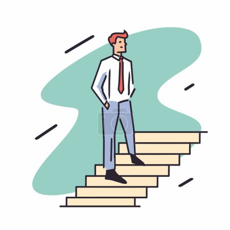 Man standing confidently top stairs, hands hips, business progress concept. Professional male ascending career staircase, success achievement symbolism. Confident businessman climbs steps towards