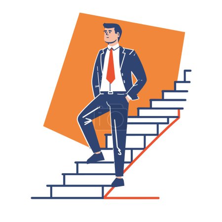 Confident businessman climbs steps towards success, ambition concept. Professional suit ascending staircase, career growth metaphor. Modern graphic style businessman progression, achieving goals